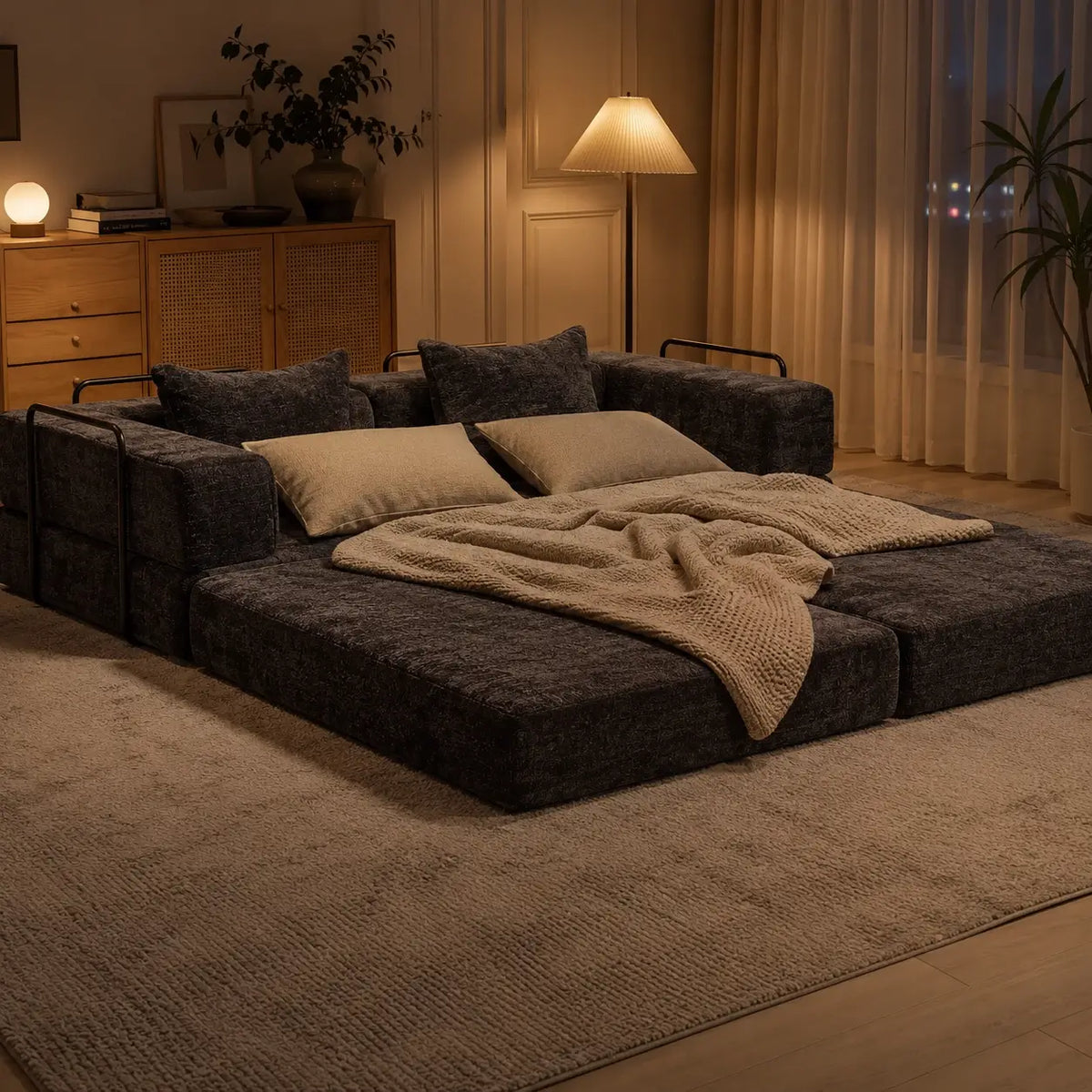 Canapé-lit modulable Kovena gris anthracite déplié en mode lit