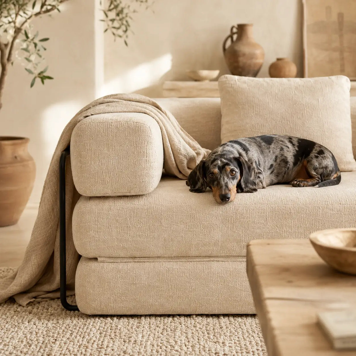 Chien allongé sur le canapé-lit modulable Kovena Duo beige écru