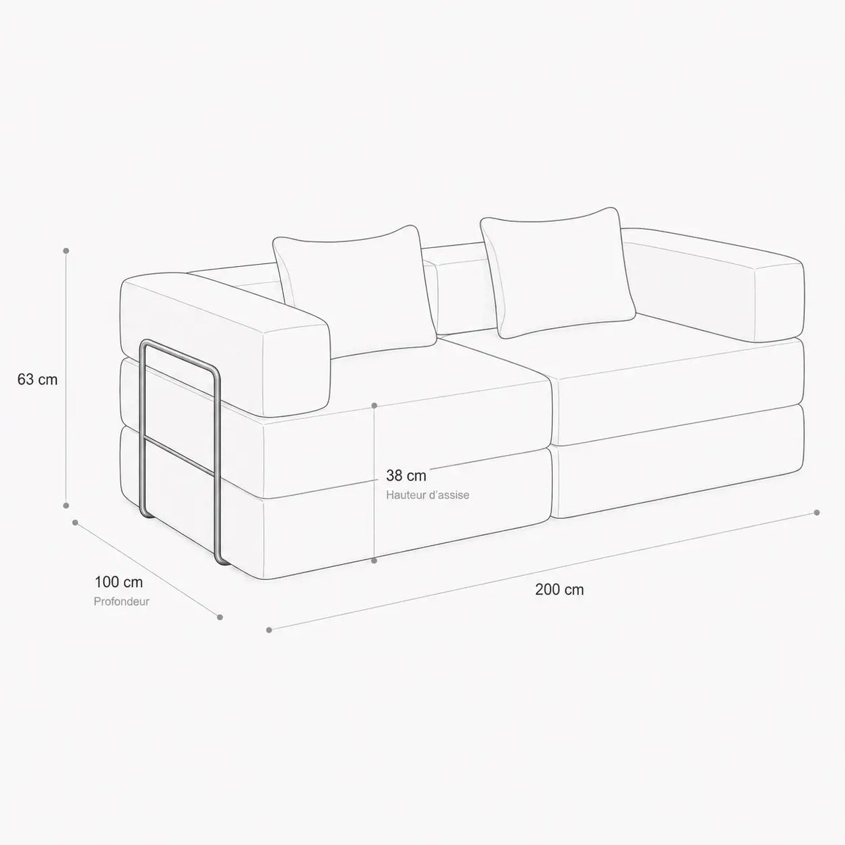 Schéma des dimensions du canapé-lit modulable Kovena Duo