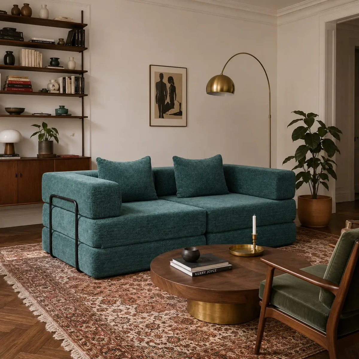 Canapé-lit modulable Kovena Duo vert canard dans un intérieur décoré