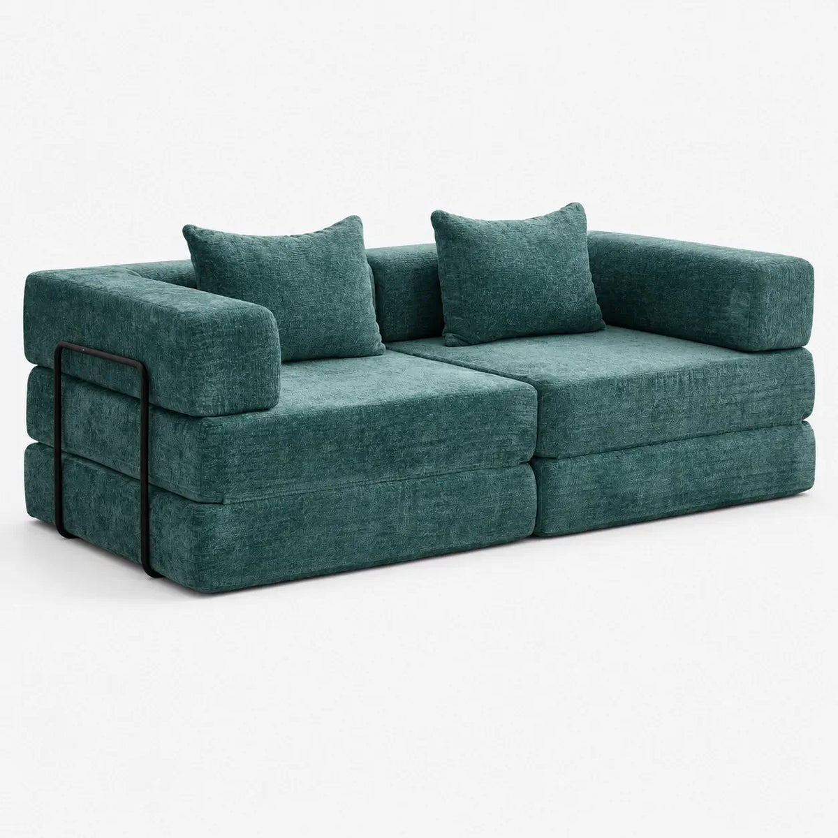 Canapé-lit modulable Kovena Duo vert canard en tissu chenille, vue de face