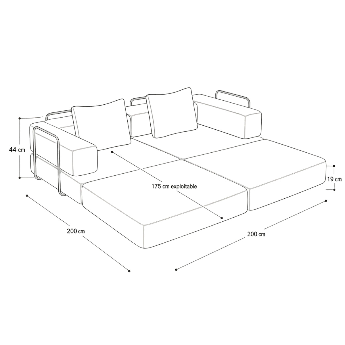 Schéma des dimensions du canapé-lit modulable Kovena