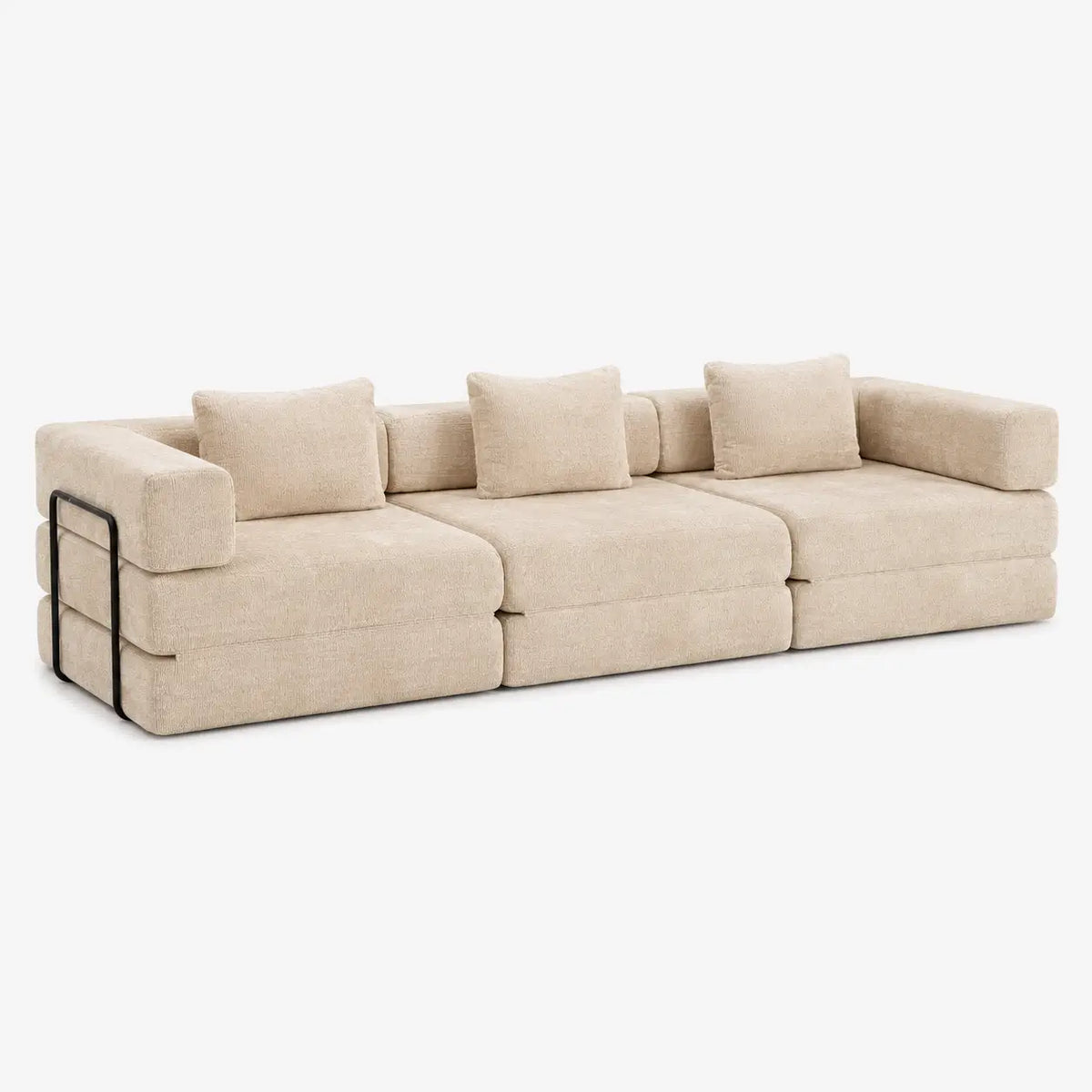 Canapé-lit modulable Kovena Trio beige écru en tissu chenille, vue de face