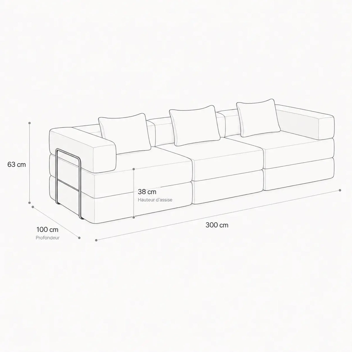 Schéma des dimensions du canapé-lit modulable Kovena Trio