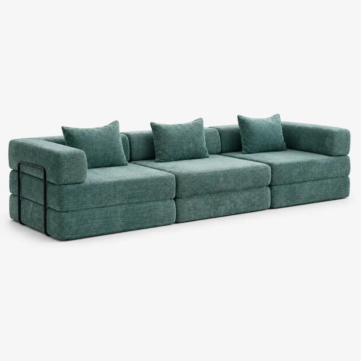 Canapé-lit modulable Kovena Trio vert canard en tissu chenille, vue de face